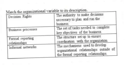 Match the organizational variable to its description.