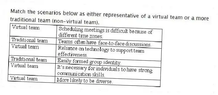 Match the scenarios below as either representative of a virtual team or a more traditional team (non-virtual team).