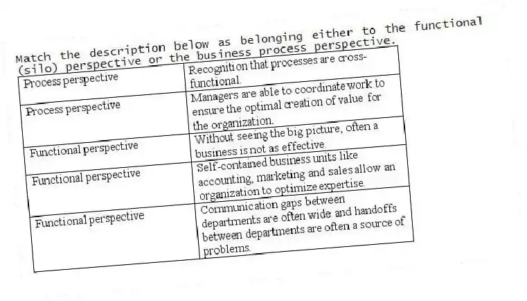 Match the description below as belonging either to the functional (silo) perspective or the business process perspective.