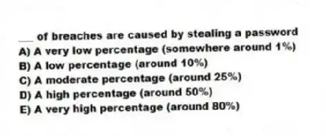 ___ of breaches are caused by stealing a password
A) A very low percentage (somewhere around 1%)
B) A low percentage (around 10%)
C) A moderate percentage (around 25%)
D) A high percentage (around 50%)
E) A very high percentage (around 80%)