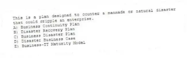 This is a plan designed to counter a manmade or natural disaster that could cripple an enterprise.
A) Business Continuity Plan
B) Disaster Recovery Plan
C) Business Disaster Plan
D) Disaster Business Case
E) Business-IT Maturity Model