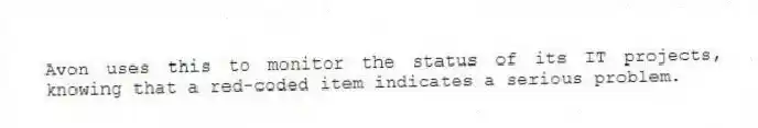 Avon uses this to monitor the status of its IT projects, knowing that a red-coded item indicates a serious problem.