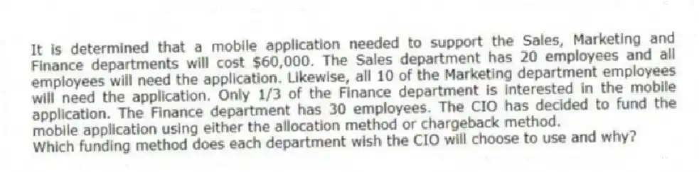 It is determined that a mobile application needed to support the Sales, Marketing and Finance departments will cost $60,000. The Sales department has 20 employees and all employees will need the application. Likewise, all 10 of the Marketing department employees will need the application. Only 1/3 of the Finance department is interested in the mobile application. The Finance department has 30 employees. The CIO has decided to fund the mobile application using either the allocation method or chargeback method.
Which funding method does each department wish the CIO will choose to use and why?
