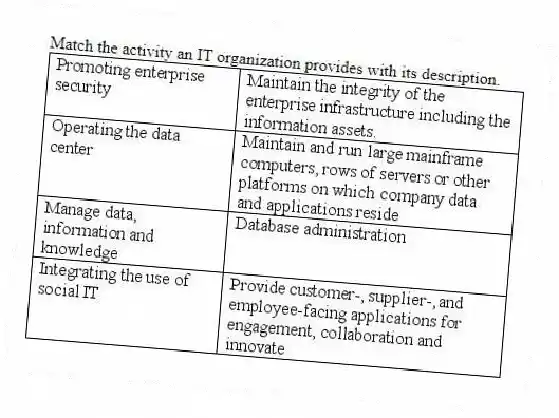 Match the activity an IT organization provides with its description.