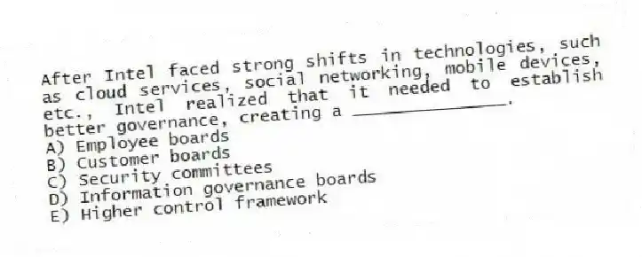After Intel faced strong shifts in technologies, such as cloud services, social networking, mobile devices, etc., Intel realized that it needed to establish better governance, creating a _______________.
A) Employee boards
B) Customer boards
C) Security committees
D) Information governance boards
E) Higher control framework