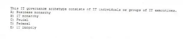This IT governance archetype consists of IT individuals or groups of IT executives.
A) Business monarchy
B) IT monarchy
C) Feudal
D) Federal
E) IT Duopoly