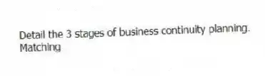 Detail the 3 stages of business continuity planning.
Matching