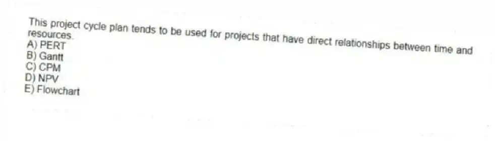 This project cycle plan tends to be used for projects that have direct relationships between time and resources.
A) PERT
B) Gantt
C) CPM
D) NPV
E) Flowchart