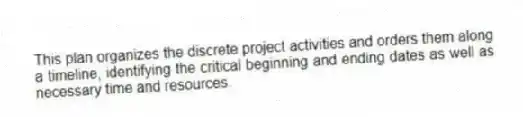 This plan organizes the discrete project activities and orders them along a timeline, identifying the critical beginning and ending dates as well as necessary time and resources.