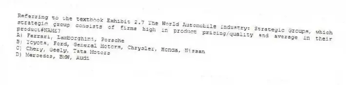 Referring to the textbook Exhibit 2.7 The World Automobile Industry: Strategic Groups, which strategic group consists of firms high in product pricing/quality and average in their product#NAME?
A) Ferrari, Lamborghini, Porsche
B) Toyota, Ford, General Motors, Chrysler, Honda, Nissan
C) Chery, Geely, Tata Motors
D) Mercedes, BMW, Audi