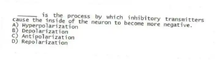 ______ is the process by which inhibitory transmitters cause the inside of the neuron to become more negative.
A) Hyperpolarization
B) Depolarization
C) Antipolarization
D) Repolarization