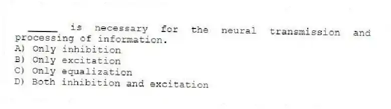 _____ is necessary for the neural transmission and processing of information.
A) Only inhibition
B) Only excitation
C) Only equalization
D) Both inhibition and excitation