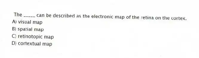 The _____ can be described as the electronic map of the retina on the cortex.
A) visual map
B) spatial map
C) retinotopic map
D) cortextual map