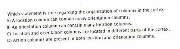  Which statement is true regarding the organization of columns in the cortex
A) A location column can contain many orientation columns.
B) An orientation column can contain many location columns.
C) Location and orientation columns are located in different parts of the cortex.
D) Action columns are present in both location and orientation columns.