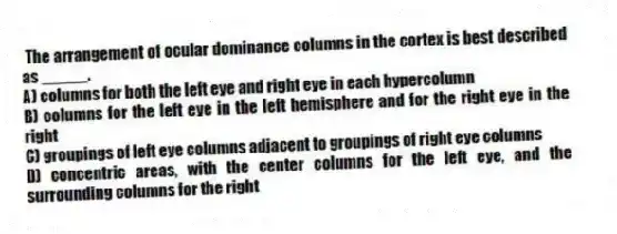 The arrangement of ocular dominance columns in the cortex is best described as _____.
A) columns for both the left eye and right eye in each hypercolumn
B) columns for the left eye in the left hemisphere and for the right eye in the right
C) groupings of left eye columns adjacent to groupings of right eye columns
D) concentric areas, with the center columns for the left eye, and the surrounding columns for the right