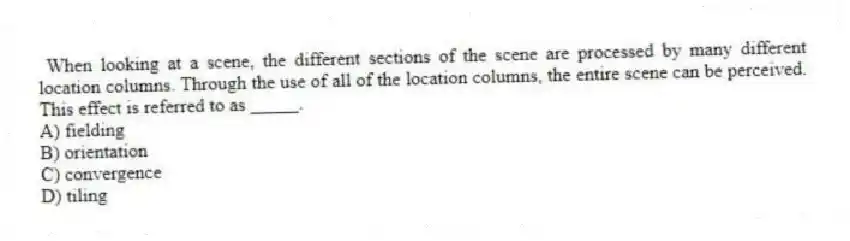  When looking at a scene, the different sections of the scene are processed by many different location columns. Through the use of all of the location columns, the entire scene can be perceived. This effect is referred to as _____.
A) fielding
B) orientation
C) convergence
D) tiling