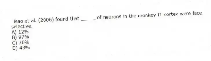 Tsao et al. (2006) found that _____ of neurons in the monkey IT cortex were face selective.
A) 12%
B) 97%
C) 70%
D) 43%