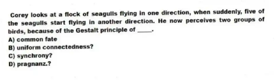 Corey looks at a flock of seagulls flying in one direction, when suddenly, five of the seagulls start flying in another direction. He now perceives two groups of birds, because of the Gestalt principle of _____.
A) common fate
B) uniform connectedness?
C) synchrony?
D) pragnanz.?