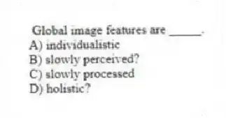 Global image features are _____.
A) individualistic
B) slowly perceived?
C) slowly processed
D) holistic?
