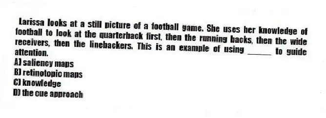 Larissa looks at a still picture of a football game. She uses her knowledge of football to look at the quarterback first, then the running backs, then the wide receivers, then the linebackers. This is an example of using _____ to guide attention.
A) saliency maps
B) retinotopic maps
C) knowledge
D) the cue approach
