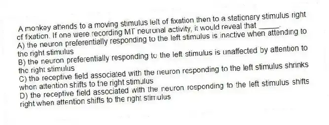 A monkey attends to a moving stimulus left of fixation then to a stationary stimulus right of fixation. If one were recording MT neuronal activity, it would reveal that _____.
A) the neuron preferentially responding to the left stimulus is inactive when attending to the right stimulus
B) the neuron preferentially responding to the left stimulus is unaffected by attention to the right stimulus
C) the receptive field associated with the neuron responding to the left stimulus shrinks when attention shifts to the right stimulus
D) the receptive field associated with the neuron responding to the left stimulus shifts right when attention shifts to the right stimulus