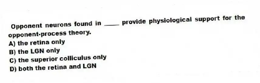 Opponent neurons found in _____ provide physiological support for the opponent-process theory.
A) the retina only
B) the LGN only
C) the superior colliculus only
D) both the retina and LGN