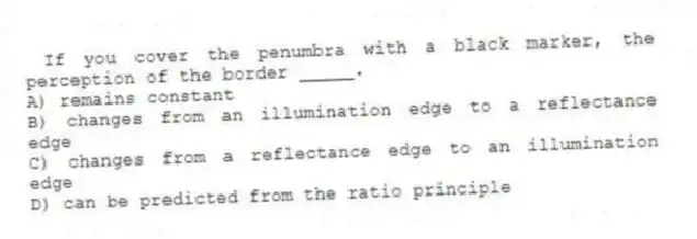 If you cover the penumbra with a black marker, the perception of the border _____.
A) remains constant
B) changes from an illumination edge to a reflectance edge
C) changes from a reflectance edge to an illumination edge
D) can be predicted from the ratio principle
