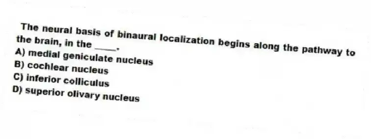The neural basis of binaural localization begins along the pathway to the brain, in the _____.
A) medial geniculate nucleus
B) cochlear nucleus
C) inferior colliculus
D) superior olivary nucleus