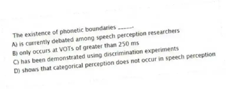 The existence of phonetic boundaries _____.
A) is currently debated among speech perception researchers
B) only occurs at VOTs of greater than 250 ms
C) has been demonstrated using discrimination experiments
D) shows that categorical perception does not occur in speech perception