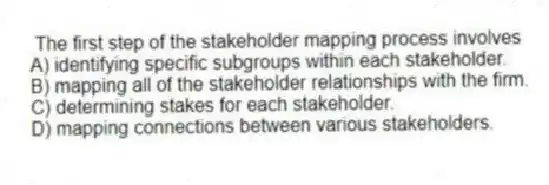 The first step of the stakeholder mapping process involves
A) identifying specific subgroups within each stakeholder.
B) mapping all of the stakeholder relationships with the firm.
C) determining stakes for each stakeholder.
D) mapping connections between various stakeholders.