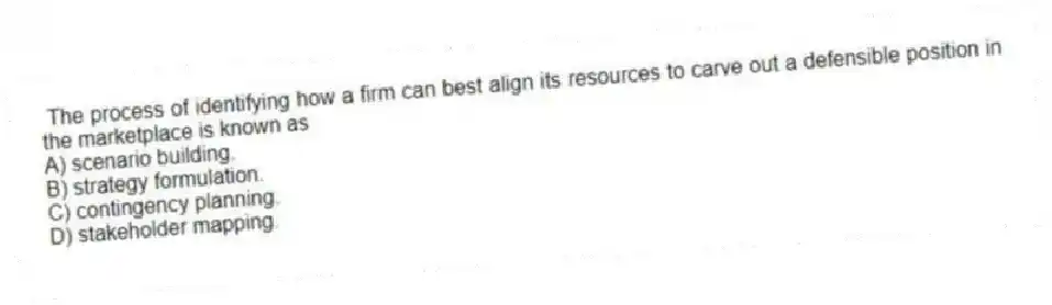 The process of identifying how a firm can best align its resources to carve out a defensible position in the marketplace is known as
A) scenario building.
B) strategy formulation.
C) contingency planning.
D) stakeholder mapping.