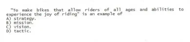 "To make bikes that allow riders of all ages and abilities to experience the joy of riding" is an example of
A) strategy.
B) mission.
C) vision.
D) tactic.