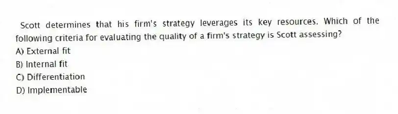Scott determines that his firm's strategy leverages its key resources. Which of the following criteria for evaluating the quality of a firm's strategy is Scott assessing?
A) External fit
B) Internal fit
C) Differentiation
D) Implementable
