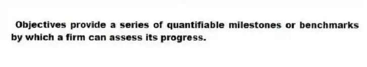Objectives provide a series of quantifiable milestones or benchmarks by which a firm can assess its progress.