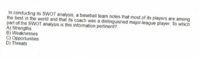 In conducting its SWOT analysis, a baseball team notes that most of its players are among the best in the world and that its coach was a distinguished major-league player. To which part of the SWOT analysis is this information pertinent?
A) Strengths
B) Weaknesses
C) Opportunities
D) Threats