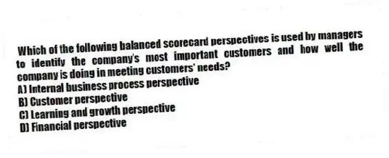 Which of the following balanced scorecard perspectives is used by managers to identify the company's most important customers and how well the company is doing in meeting customers' needs?
A) Internal business process perspective
B) Customer perspective
C) Learning and growth perspective
D) Financial perspective