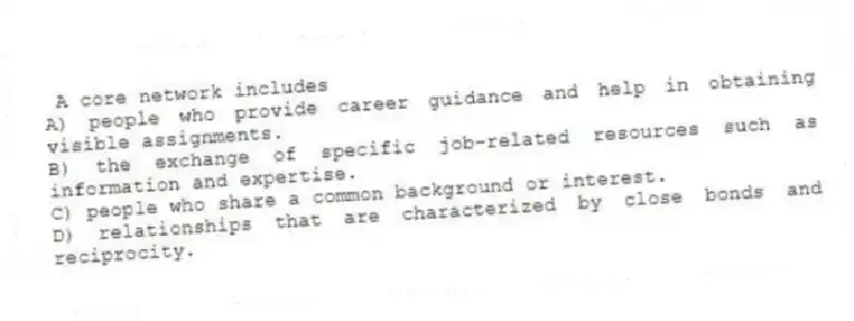  A core network includes
A) people who provide career guidance and help in obtaining visible assignments.
B) the exchange of specific job-related resources such as information and expertise.
C) people who share a common background or interest.
D) relationships that are characterized by close bonds and reciprocity.