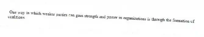 One way in which weaker parties can gain strength and power in organizations is through the formation of coalitions.