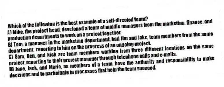 Which of the following is the best example of a self-directed team?
A) Mike, the project head, developed a team of middle managers from the marketing, finance, and production departments to work on a project together.
B) Tom, a manager in the marketing department, had Jim and Jake, team members from the same department, reporting to him on the progress of an ongoing project.
C) Sam, Ben, and Nick are team members working from three different locations on the same project, reporting to their project manager through telephone calls and e-mails.
D) Jane, Jack, and Maria, as members of a team, have the authority and responsibility to make decisions and to participate in processes that help the team succeed.
