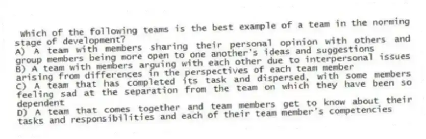 Which of the following teams is the best example of a team in the norming stage of development?
A) A team with members sharing their personal opinion with others and group members being more open to one another's ideas and suggestions
B) A team with members arguing with each other due to interpersonal issues arising from differences in the perspectives of each team member
C) A team that has completed its task and dispersed, with some members feeling sad at the separation from the team on which they have been so dependent
D) A team that comes together and team members get to know about their tasks and responsibilities and each of their team member's competencies