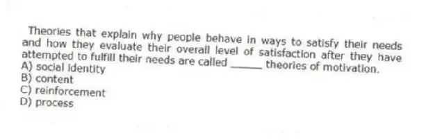 Theories that explain why people behave in ways to satisfy their needs and how they evaluate their overall level of satisfaction after they have attempted to fulfill their needs are called _____ theories of motivation.
A) social identity
B) content
C) reinforcement
D) process