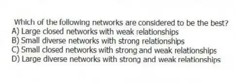 Which of the following networks are considered to be the best?
A) Large closed networks with weak relationships
B) Small diverse networks with strong relationships
C) Small closed networks with strong and weak relationships
D) Large diverse networks with strong and weak relationships