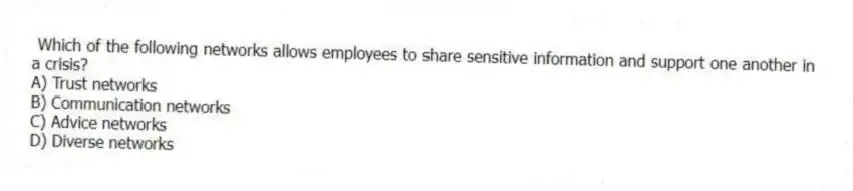 Which of the following networks allows employees to share sensitive information and support one another in a crisis?
A) Trust networks
B) Communication networks
C) Advice networks
D) Diverse networks