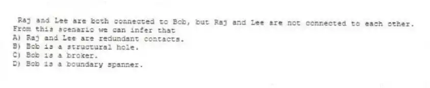 Raj and Lee are both connected to Bob, but Raj and Lee are not connected to each other. From this scenario we can infer that
A) Raj and Lee are redundant contacts.
B) Bob is a structural hole.
C) Bob is a broker.
D) Bob is a boundary spanner.