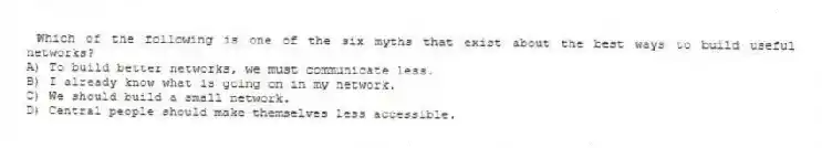 Which of the following is one of the six myths that exist about the best ways to build useful networks?
A) To build better networks, we must communicate less.
B) I already know what is going on in my network.
C) We should build a small network.
D) Central people should make themselves less accessible.