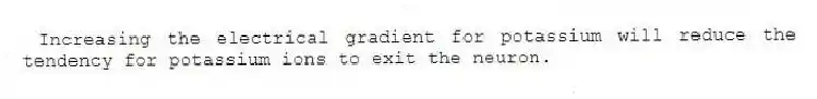 Increasing the electrical gradient for potassium will reduce the tendency for potassium ions to exit the neuron.