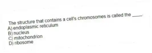 The structure that contains a cell's chromosomes is called the ____.
A) endoplasmic reticulum
B) nucleus
C) mitochondrion
D) ribosome