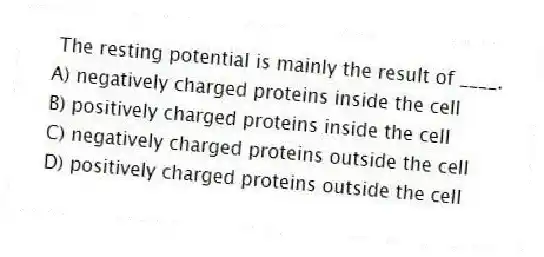 The resting potential is mainly the result of ____.
A) negatively charged proteins inside the cell
B) positively charged proteins inside the cell
C) negatively charged proteins outside the cell
D) positively charged proteins outside the cell