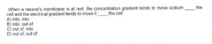 When a neuron's membrane is at rest, the concentration gradient tends to move sodium ____ the cell and the electrical gradient tends to move it ____ the cell.
A) into; into
B) into; out of
C) out of; into
D) out of; out of