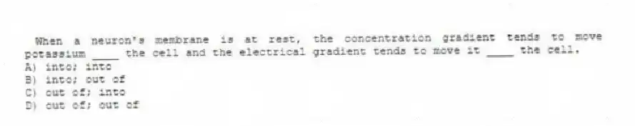 When a neuron's membrane is at rest, the concentration gradient tends to move potassium ____ the cell and the electrical gradient tends to move it ____ the cell.
A) into; into
B) into; out of
C) out of; into
D) out of; out of